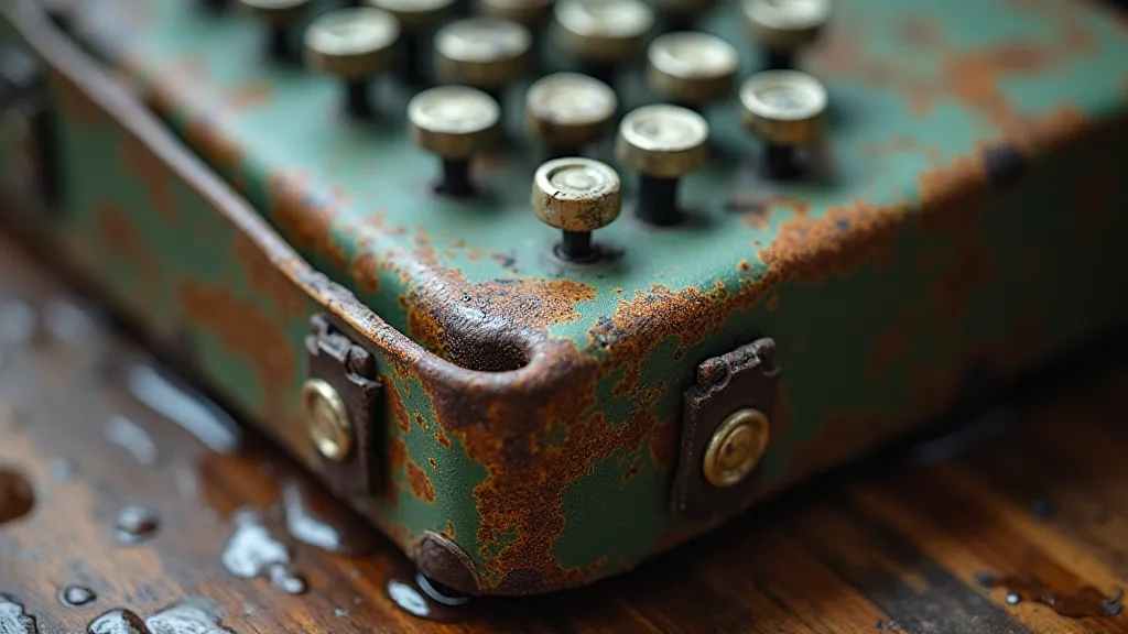 Vintage typewriter case with water damage and discoloration.