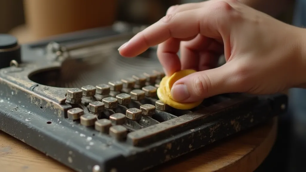 Hand applying furniture wax to a vintage typewriter case.