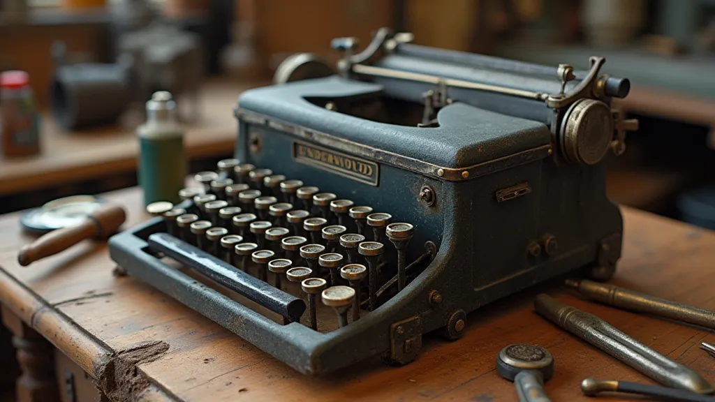 An Underwood typewriter carriage on a workbench with tools around it.