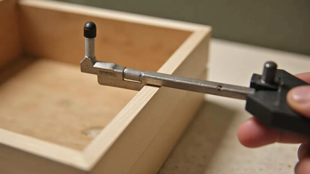Clamp securing a typewriter case veneer while glue dries.